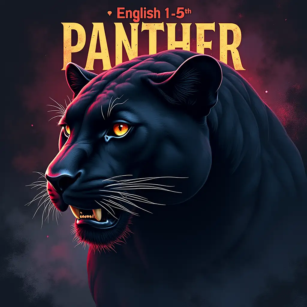 Create an album cover featuring a majestic panther as described in the Bible, with a sleek and powerful appearance. The background should be a mix of dark and vibrant colors, giving a sense of mystery and energy. Include the text 'English 1 5th Period' in bold, stylish font at the top of the cover.