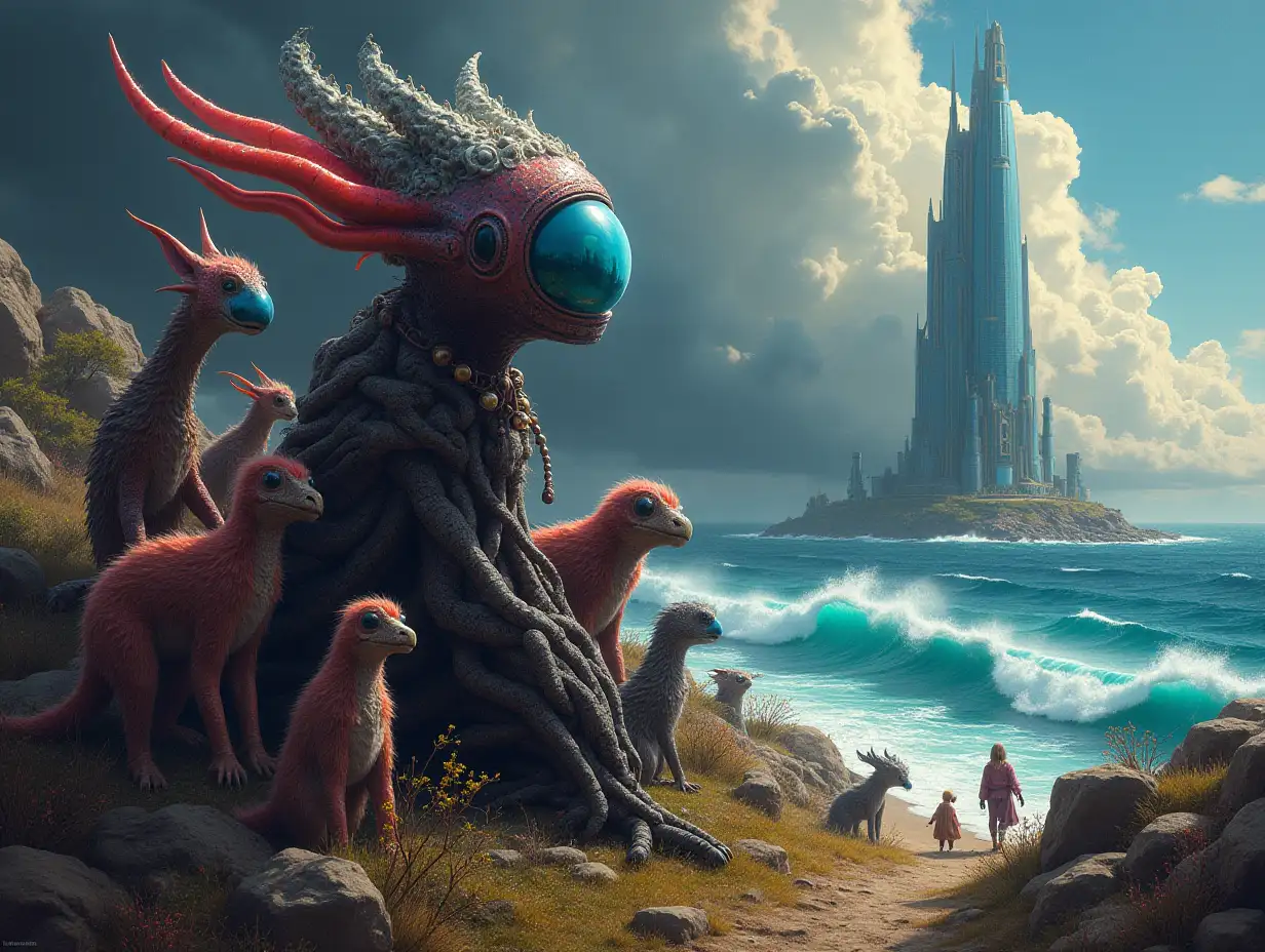 Hyperrealistic portrait of a multiverse time traveler with various alien beings-different strange creatures. The richly detailed, colorful oasis with dark clouds, and a futuristic glass tower in the background overlooking the sea with giant waves