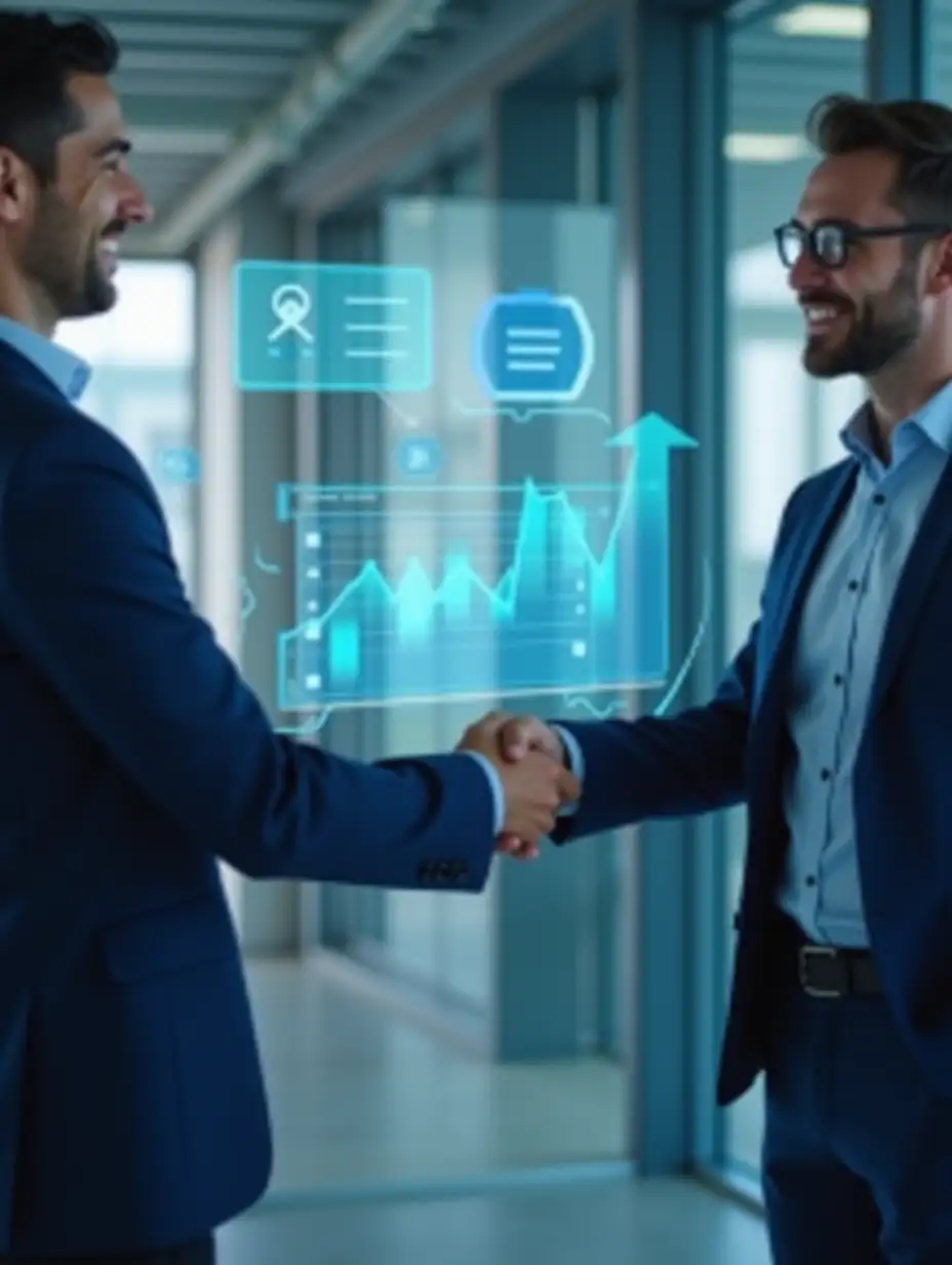 A professional recruiter shaking hands with a candidate in a modern office, symbolizing tailored hiring solutions. Digital elements like resumes and analytics in the background, with a sleek blue and gray color scheme