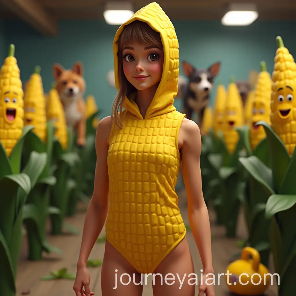 Sporty-Girl-in-Animated-Corn-Costume-Gym-Setting