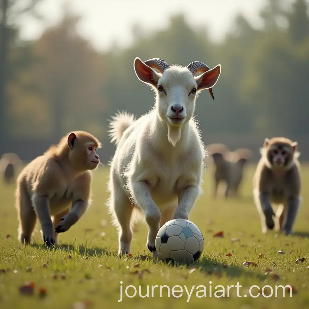 Playful-Goat-and-Macaques-Engaged-in-a-Football-Match