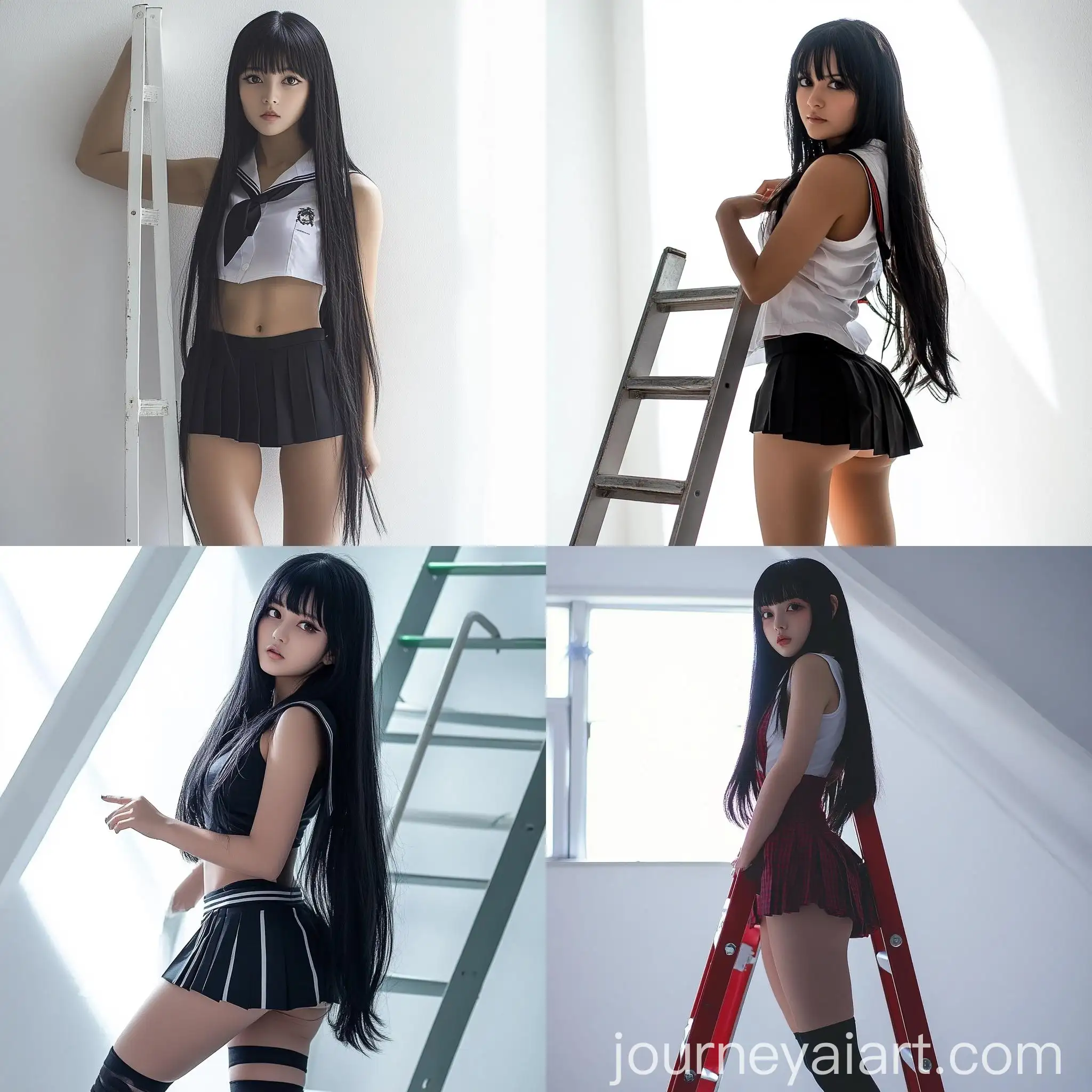 Brazilian-Woman-in-School-DxD-Uniform-Climbing-Ladder-in-Photography-Studio