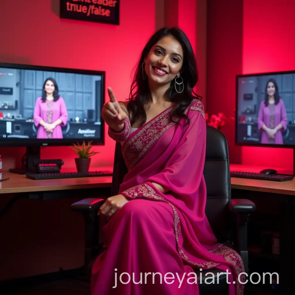 Beautiful-Indian-Woman-in-Modern-YouTube-Studio-Wearing-Fuchsia-Saree