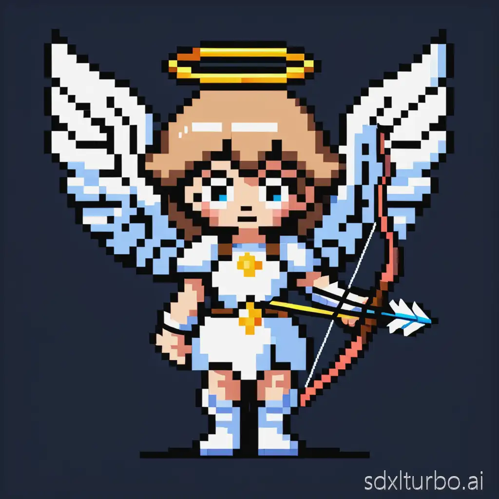 pixel art of a small angel with wings, holding a bow and arrow, 16-bit retro RPG style, facing forward, game sprite, simple colors, clean outlines, 64x64 pixels