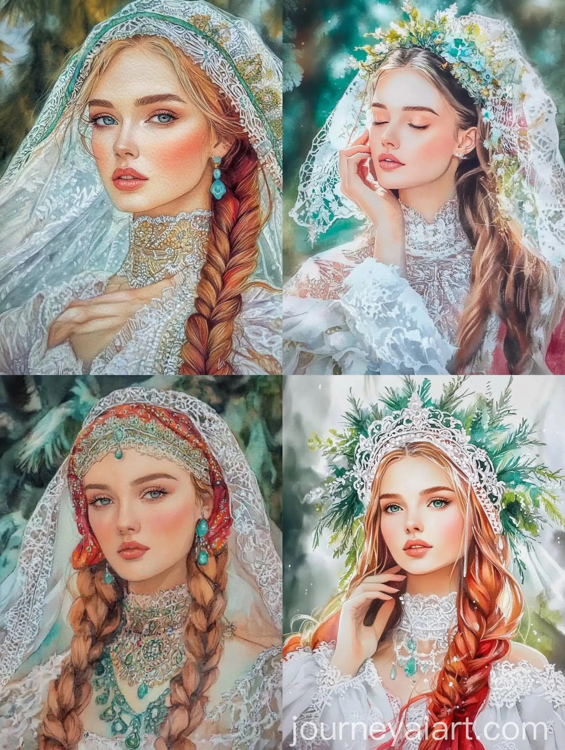 Watercolor-Drawing-of-a-Summer-Princess-with-Fair-Hair-in-Green-Red-Peach-Turquoise-and-Crimson