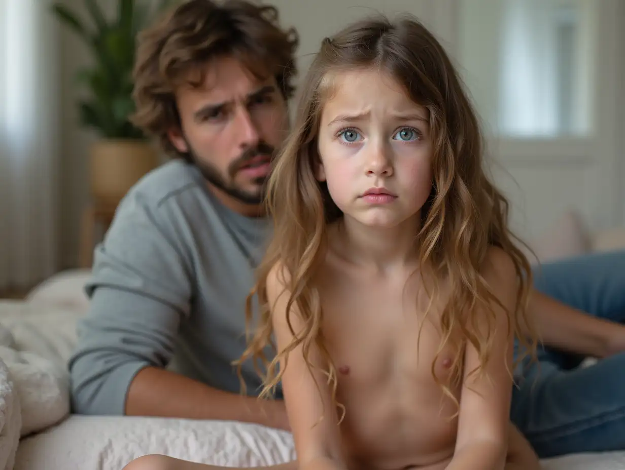 Young-Girl-Sitting-on-a-Pillow-in-a-Playroom-with-Her-Father-Looking-Worried