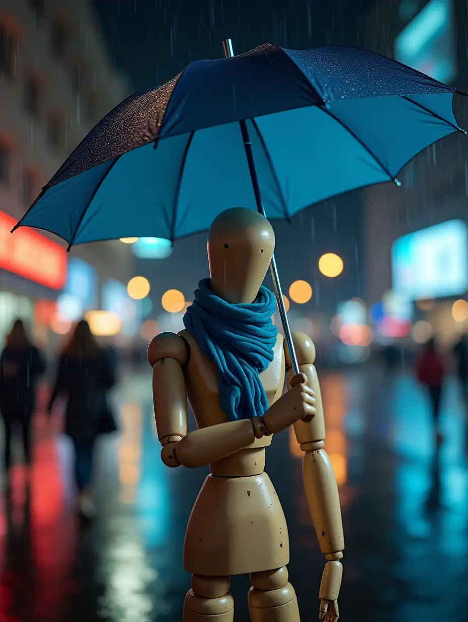 Wooden-Mannequin-Woman-with-Blue-Umbrella-on-Rainy-City-Street-at-Night