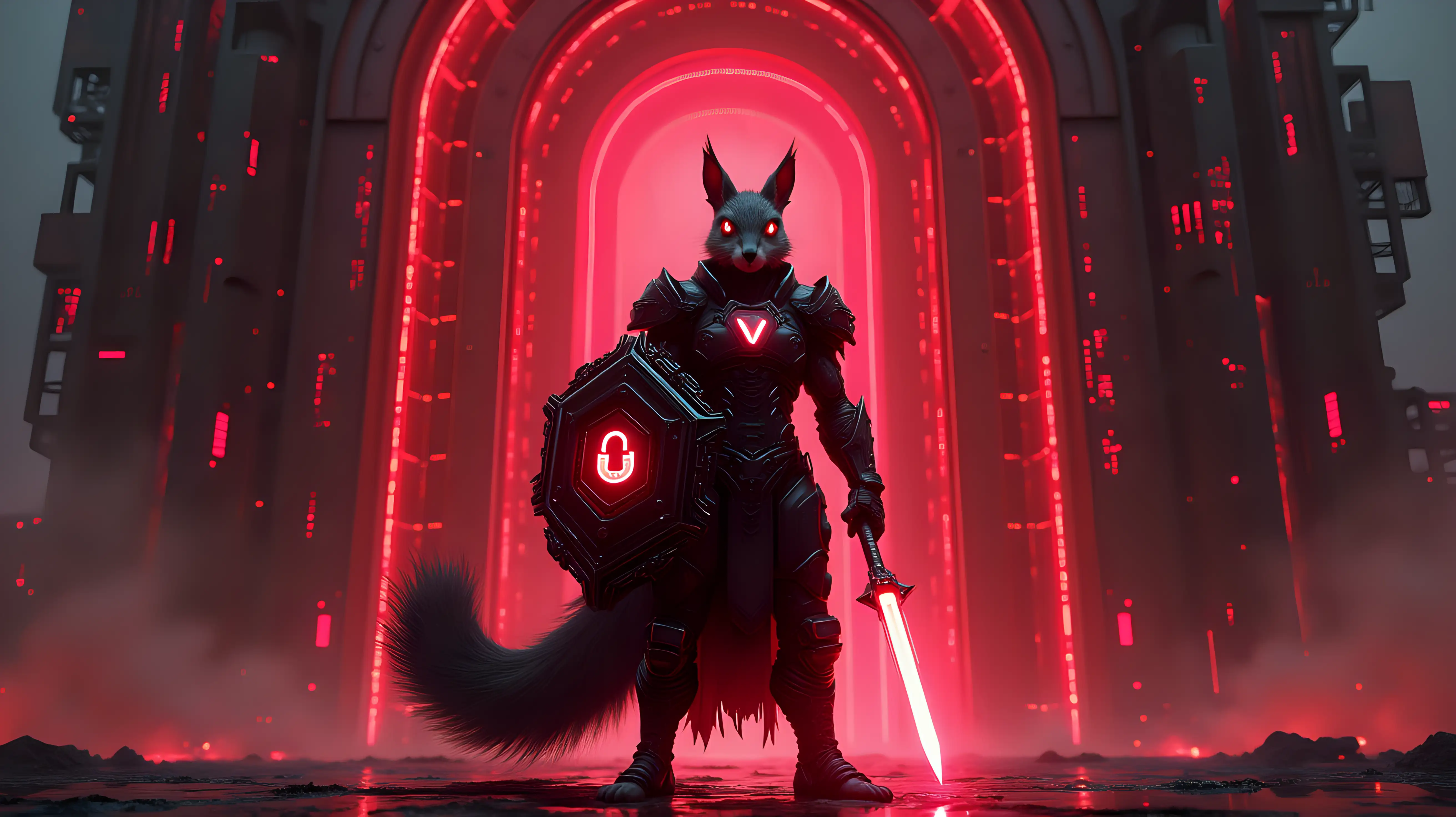 A dark, cyberpunk city looms in the distance, glowing red and black with encrypted towers and vertical code streams. At the entrance to a massive digital fortress - shaped like a towering vault or data stronghold - stands a powerful cybernetic squirrel knight. He is clad in dark, high-tech armor, angular and glowing with red lines of circuitry. His muscular, humanoid form radiates strength and precision. His eyes glow with focused intelligence, and his short fur and upright squirrel ears hint at his primal origins.nIn his right hand, he holds a long, reinforced energy spear - glowing faintly at the tip, ready to strike. In his left, a massive digital tower shield embedded with surveillance optics and a central glowing emblem - the symbol of user access, like a divine firewall. His stance is protective and immovable, like a sentinel forged in code.nBehind him, the crypto vault entrance pulses with layered security: hexagonal gates, biometric locks, and cascading firewalls. Around him, corrupted data fragments and warning sigils float in the smoky digital air. He is not just guarding an asset - he is protecting sovereignty, with honor and overwhelming force.