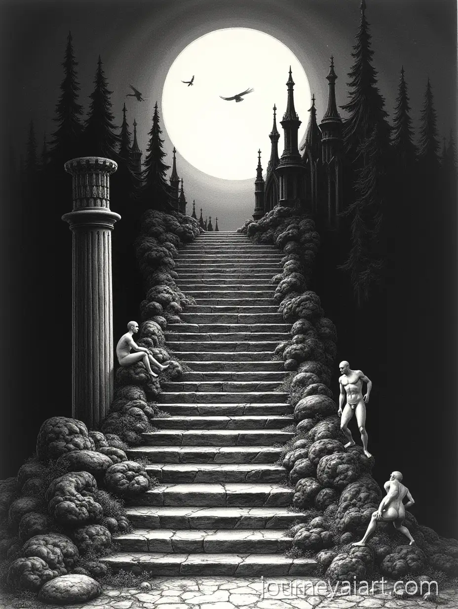 Gothic-Staircase-Leading-to-Archway-with-Mythological-Figures-and-Dark-Romanticism