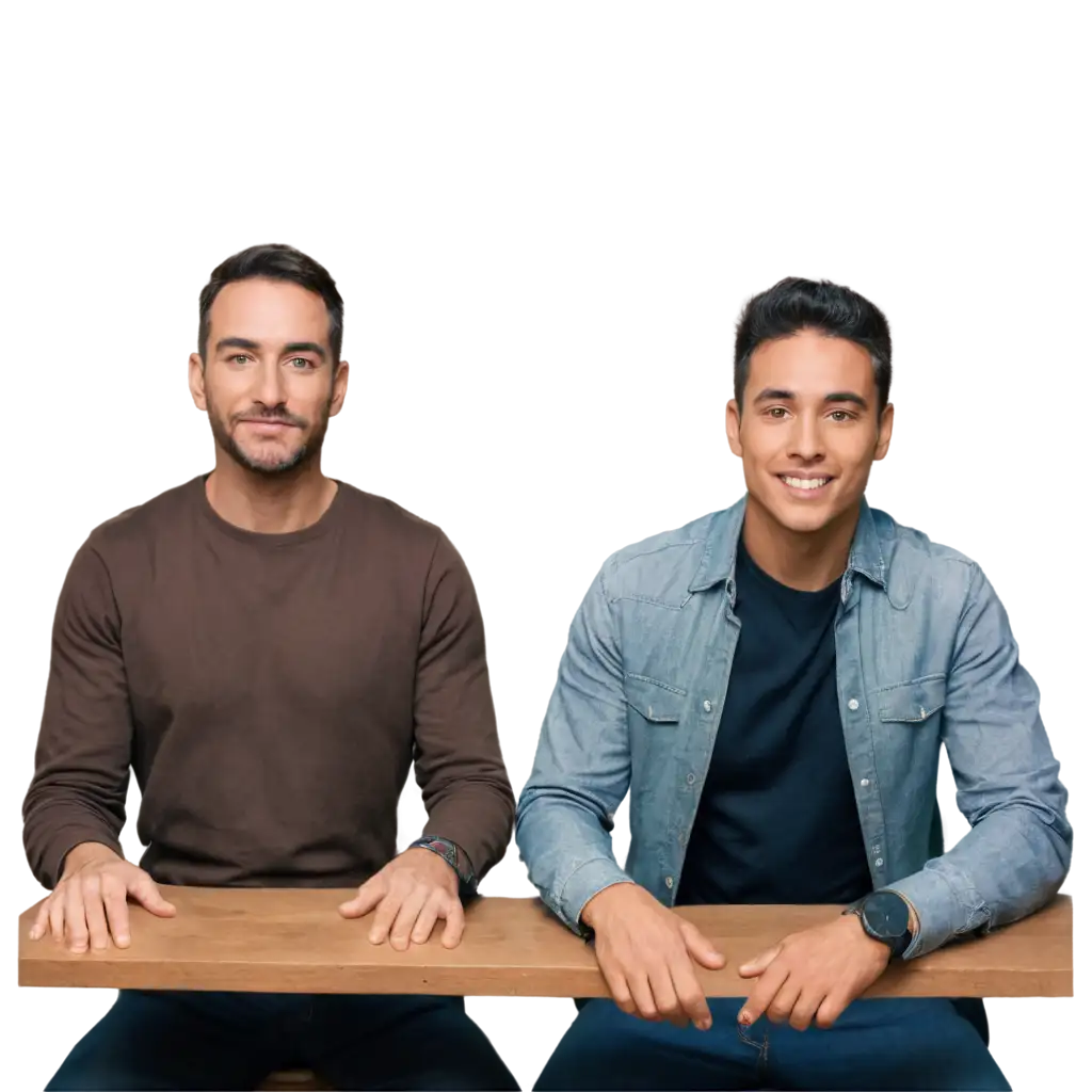 2 men sitting on table looking at camera other and with a calm and fake smile