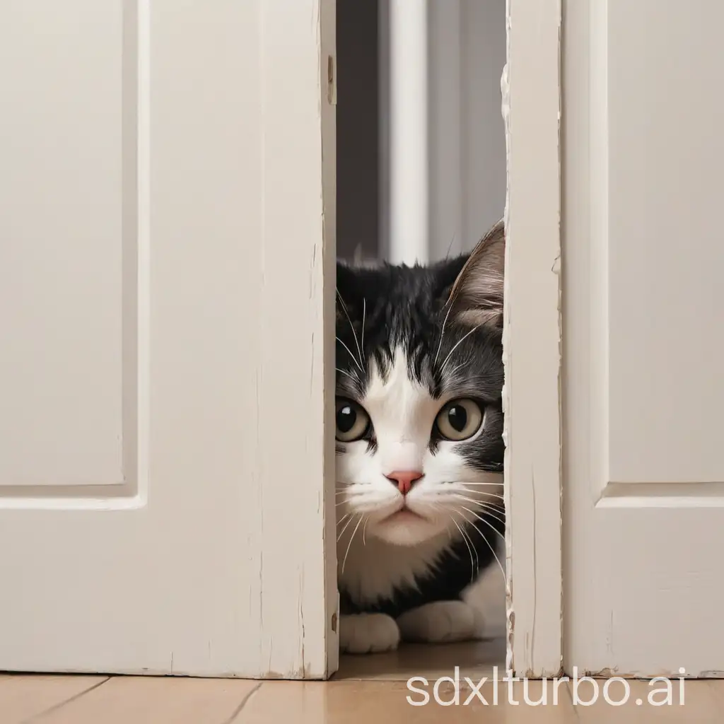 Stealthy-Cat-Peeking-Behind-Door-Cartoon-Style-in-Black-and-White