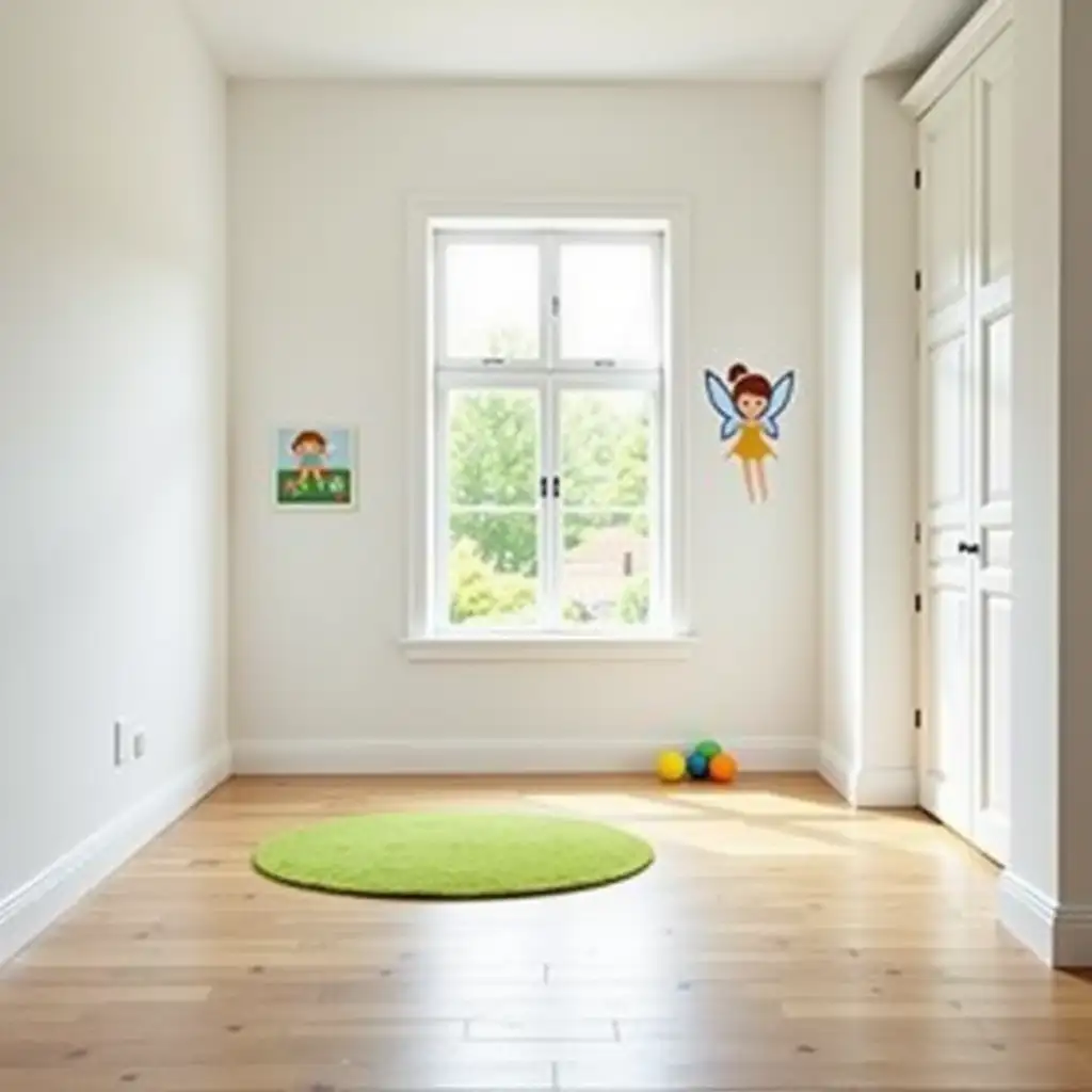 Large kids room, white plain walls, clean wooden floor. A window with a garden view. Picture of cartoon fairy on the wall. Empty corner on the left, a kids closet at the right. A green carpet on the floor. Two colorful balls on the floor