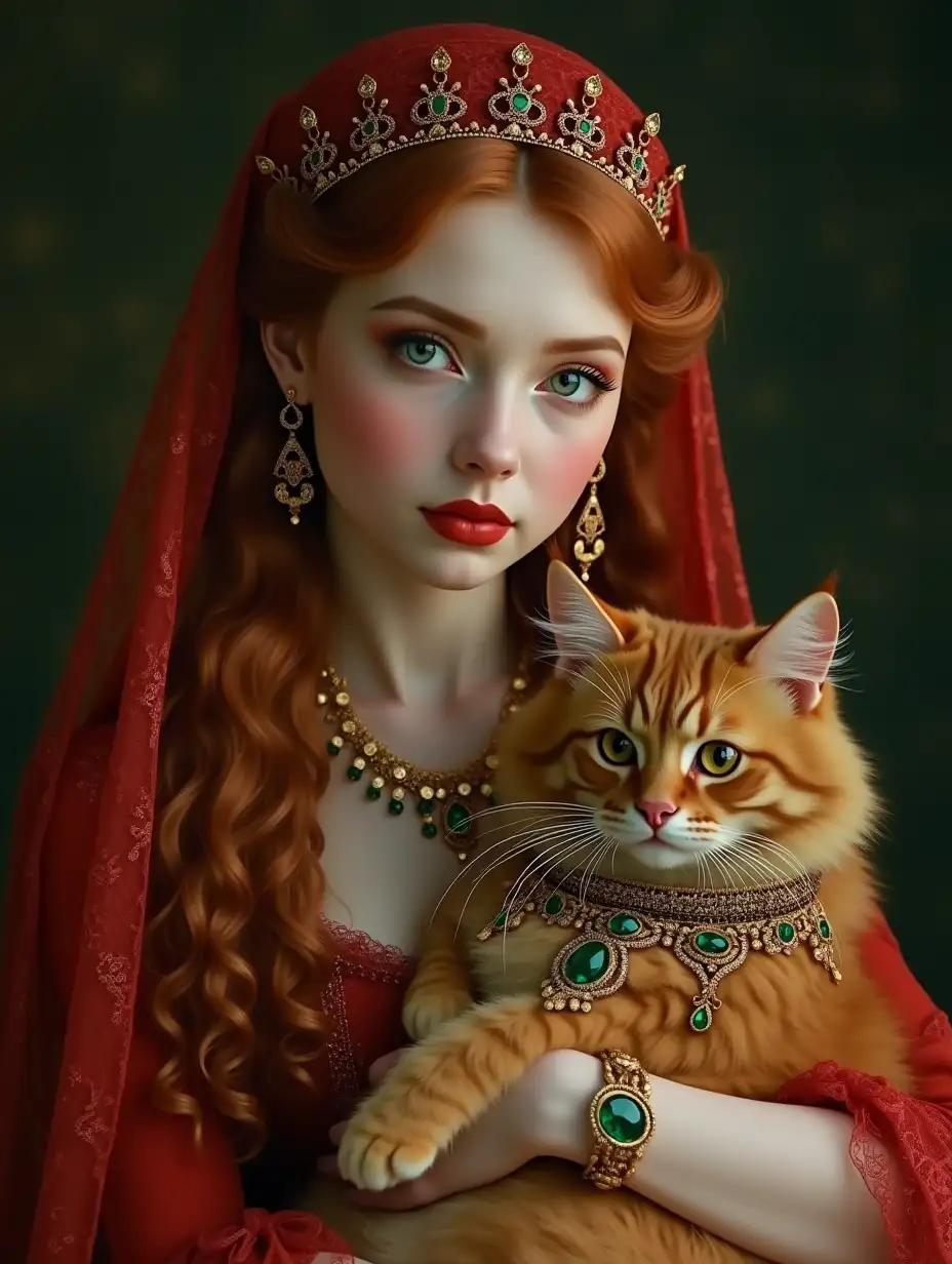 A young, beautiful woman with long, slightly curly red hair, a reddish lace veil over her hair, a dreamy look, subtle make-up, bright red lips and elaborate gold jewelry with emeralds is holding a large Norwegian red fluffy Cat in her arms, as big as she is, her eyes are blue and bright and striking like the emeralds. She is wearing a red dress in the rococo style. The cat is wearing a very elaborate gold collar with emeralds. 4K