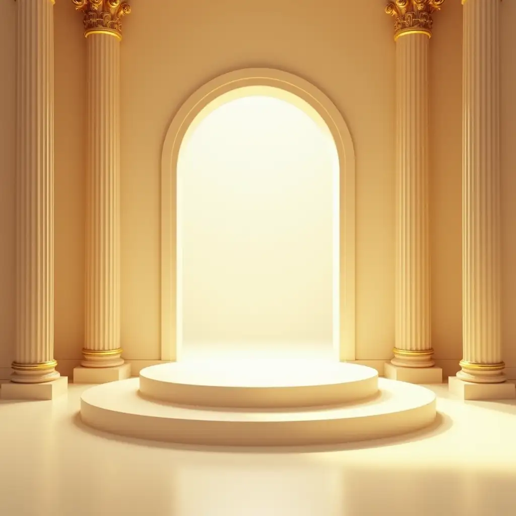 Create a highly realistic, photorealistic image of an elegant, classical stage set. The stage should feature three round, cream-colored steps leading up to a flat platform. The backdrop includes a smooth archway with soft, golden light spilling through, casting natural shadows. Tall, decorative columns line the walls, and the entire scene is bathed in warm, glowing sunlight. The materials should have a subtle golden shimmer to add a sense of luxury and sophistication. The overall atmosphere should feel serene, bright, and grand.