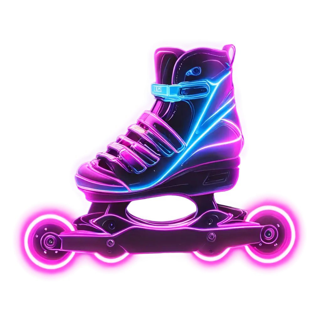 A glowing neon roller skate icon, detailed with dynamic lines and light reflections, hovering in a retro arcade background, with a modernized font style in neon pink and electric blue.