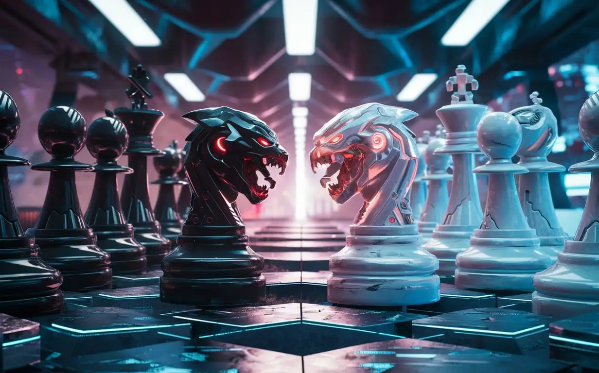 Cyberpunk-Chess-Battle-Pawns-Arranged-in-Black-vs-White-Fight