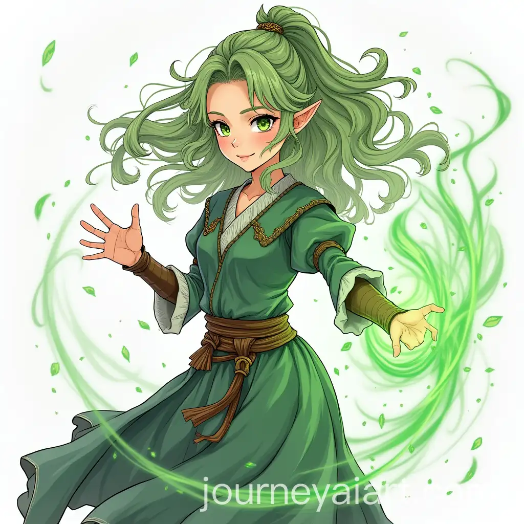 Manga-Character-of-a-Young-Elf-Woman-Mastering-Wind-Magic-with-Green-Hair