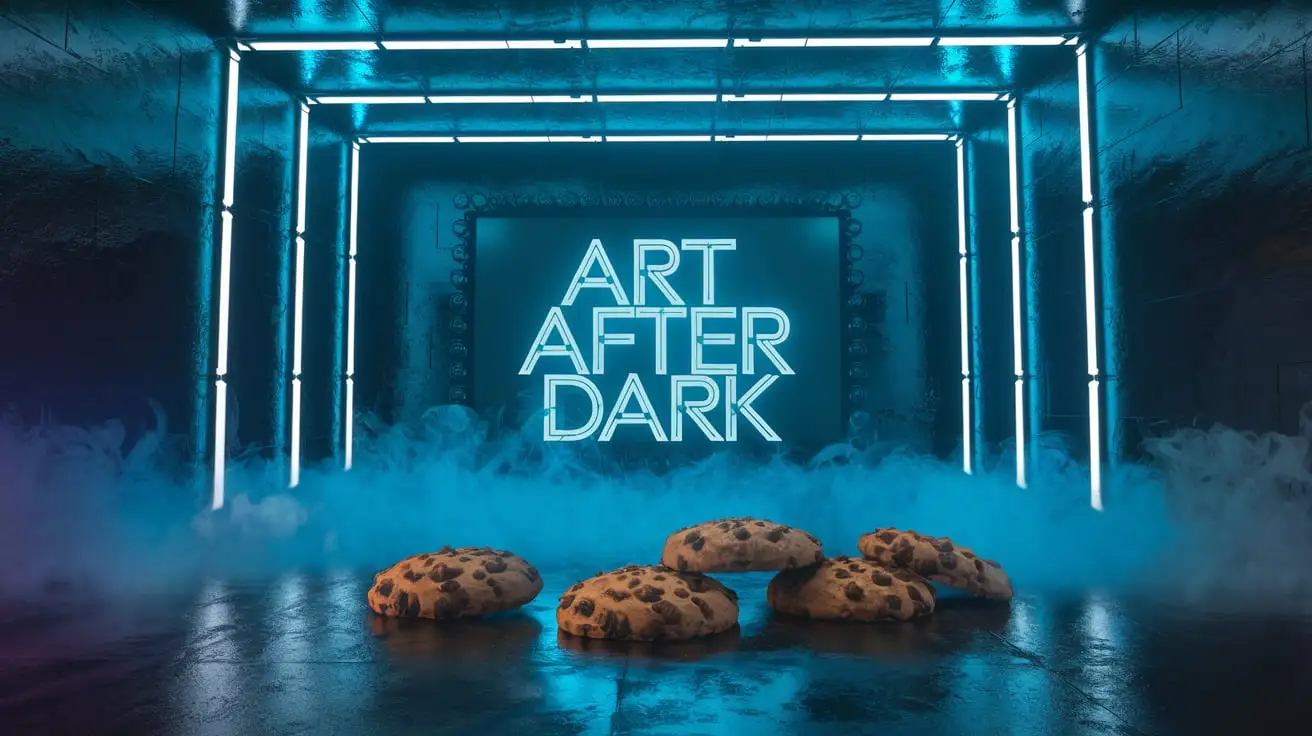 Unsettling Night Scene with Neon Lights and Chocolate Chip Cookies