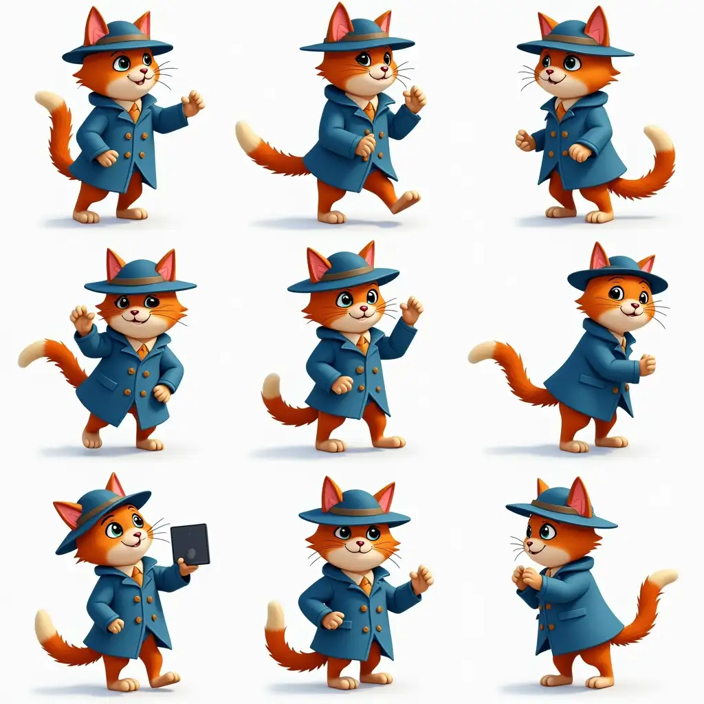 Cat detective in blue trench in cartoon style in 10 different poses