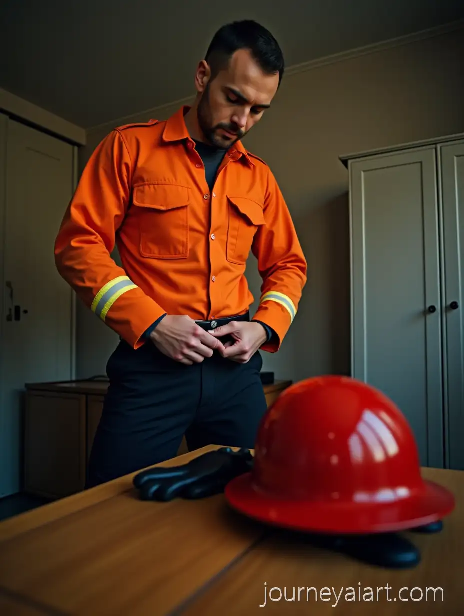 FirstPerson-View-of-ButtonFirefighter-Uniform-Preparationing-Firefighter-Uniform-with-Helmet-and-Gloves