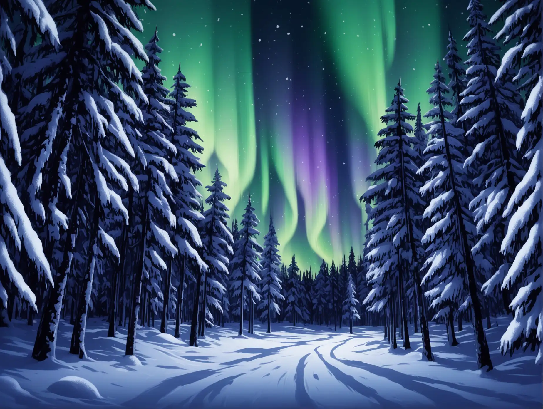 Magical-Winter-Forest-in-Lapland-at-Night-with-Northern-Lights