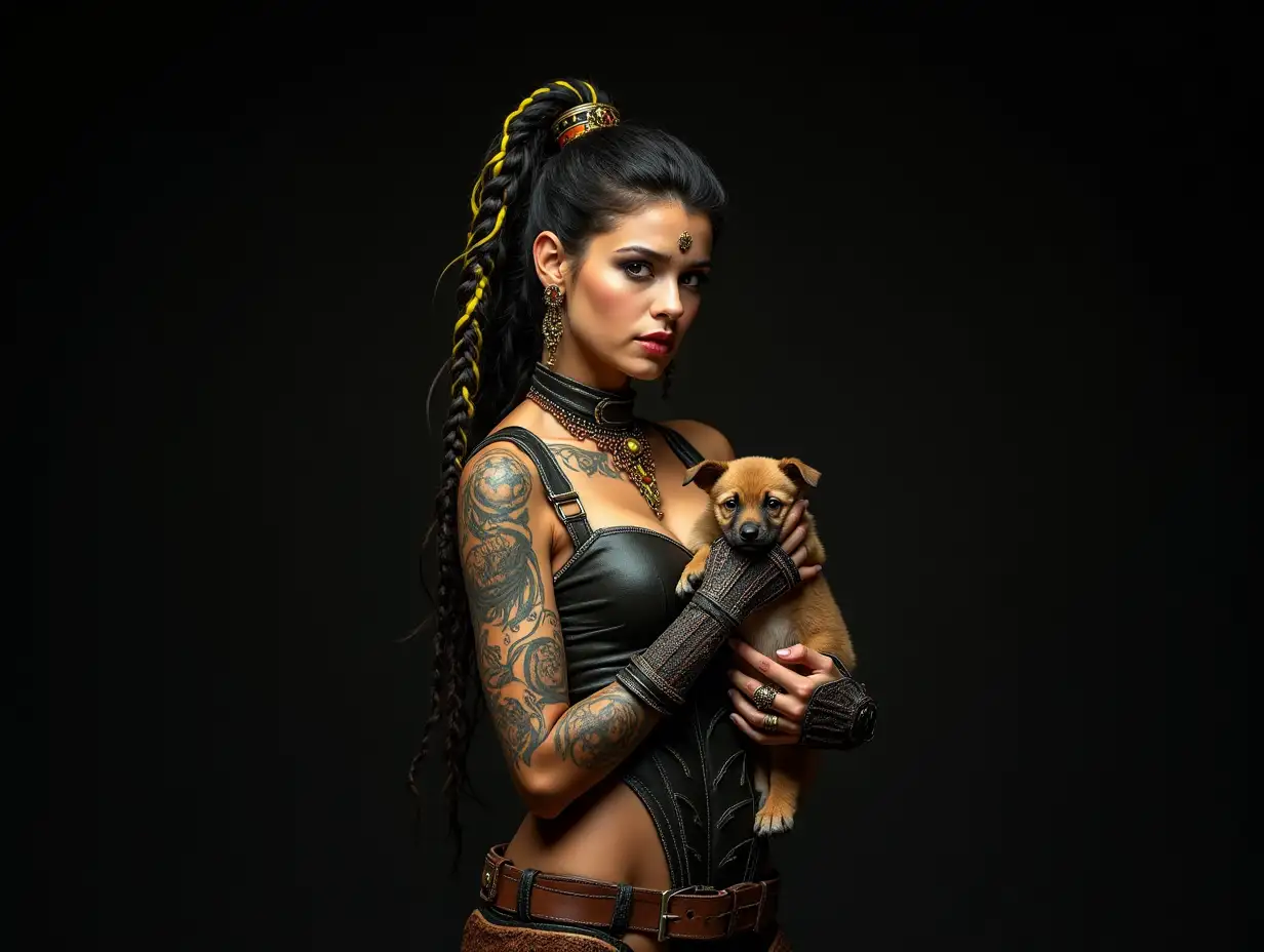 Lady with a -tattoo, futuristically long black-and-yellow patterned hair, braided and laced up boots, and holding a puppy in her hand. Richly detailed and colorful attire and futuristic jewelry. Background Soft, black 120-mm shot steampunk