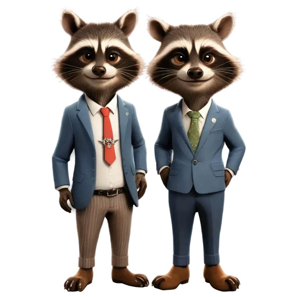 two cartoon and rich friend raccoons in clothes