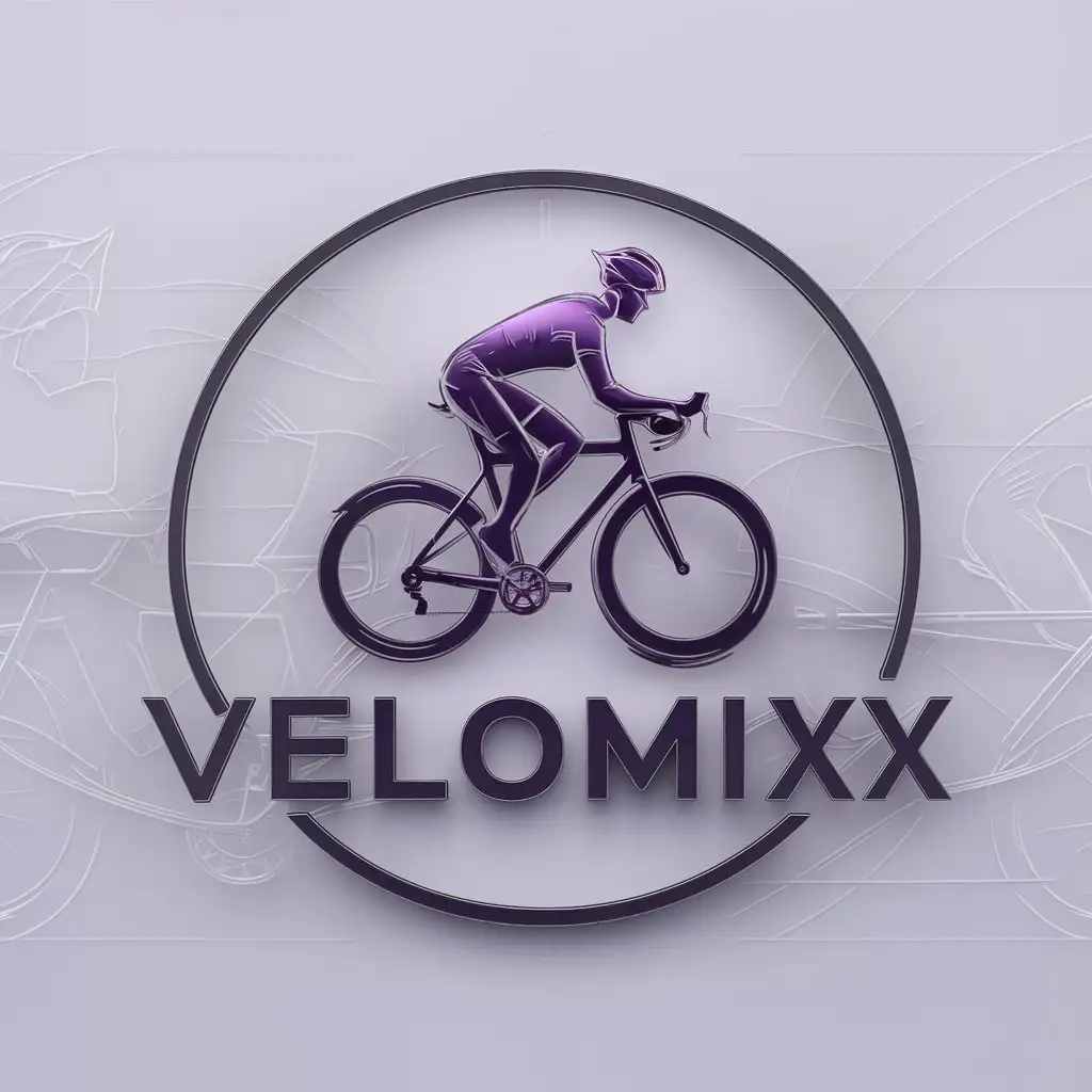 a logo design,with the text "Velomixx", main symbol:a sketch of a bicycle and cyclist in purple tones,Moderate,clear background