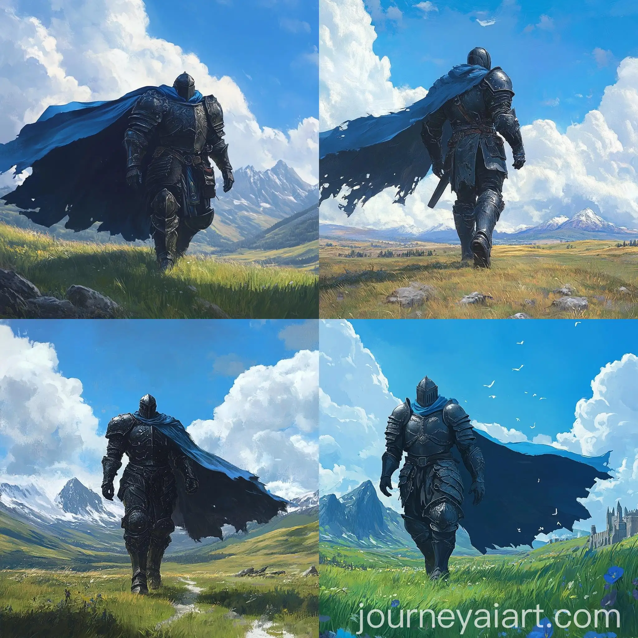 Giant-Knight-in-Black-Armor-Walking-on-Grassy-Field-with-Mountains