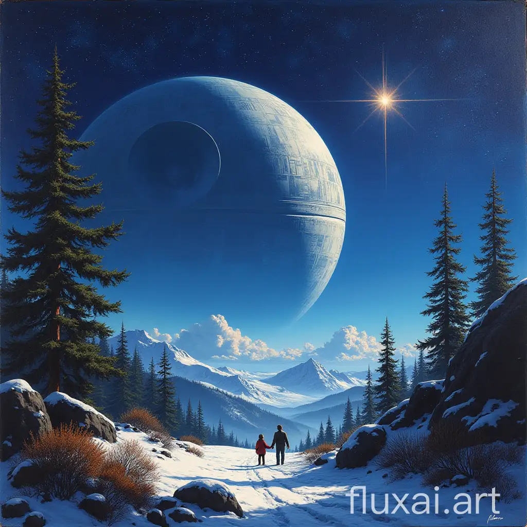 Bob Ross painting, Death Star above earth, Star Wars poster