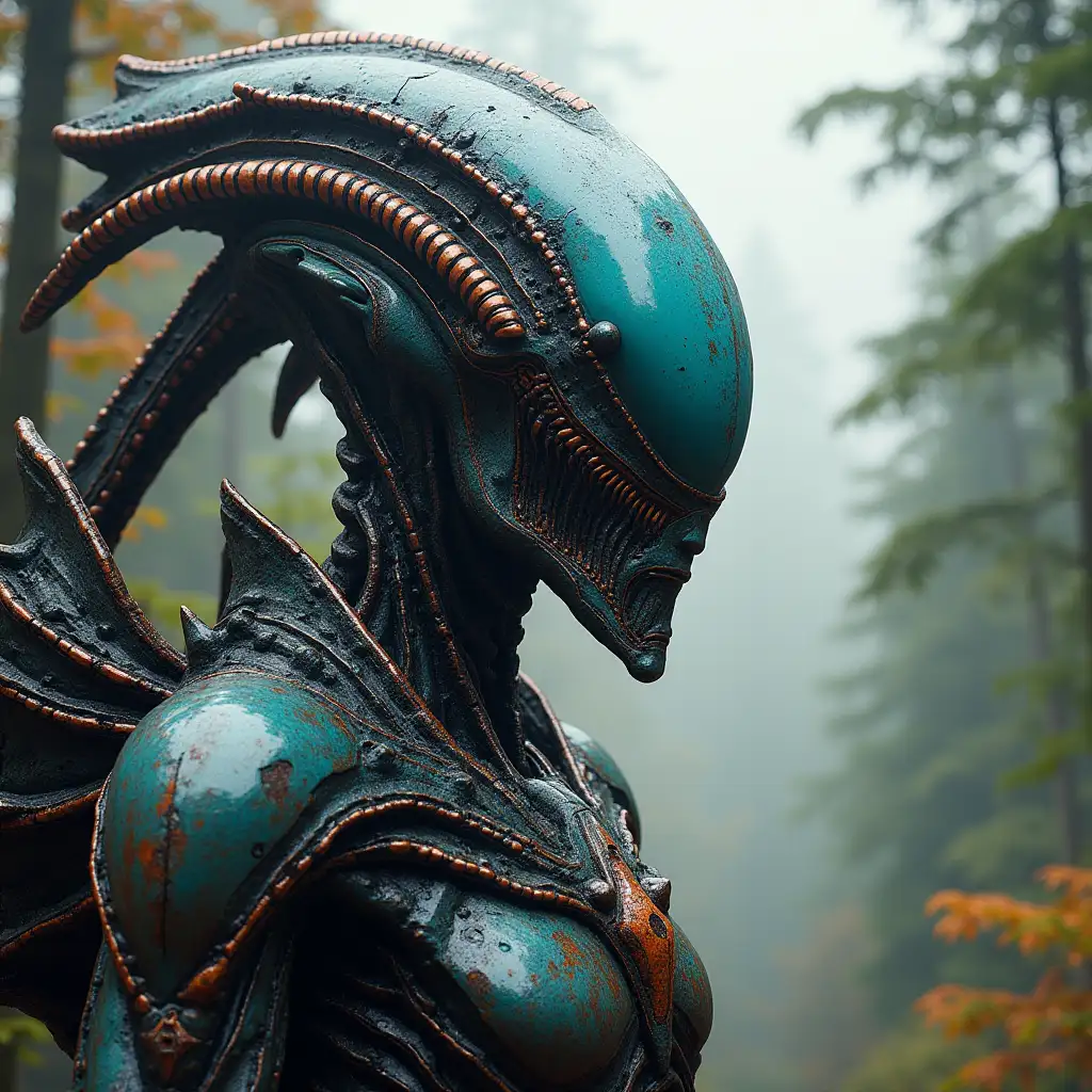 Hyperrealistic portrait of a gpanzerter metal alien king 10 meters tall with the intricately detailed, colorful forested planet background