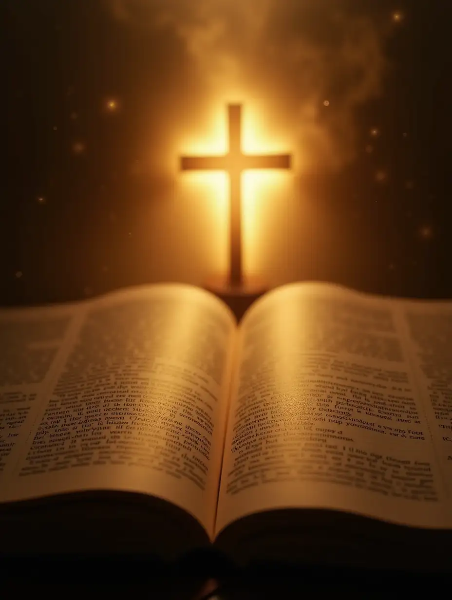 An open holy book, with pages bathed in a golden glow and words that seem to glow with a light of their own. In the background, a cross appears softly illuminated, shrouded in a heavenly haze. The atmosphere conveys solemnity and reverence, with flashes of divine light filling the scene.