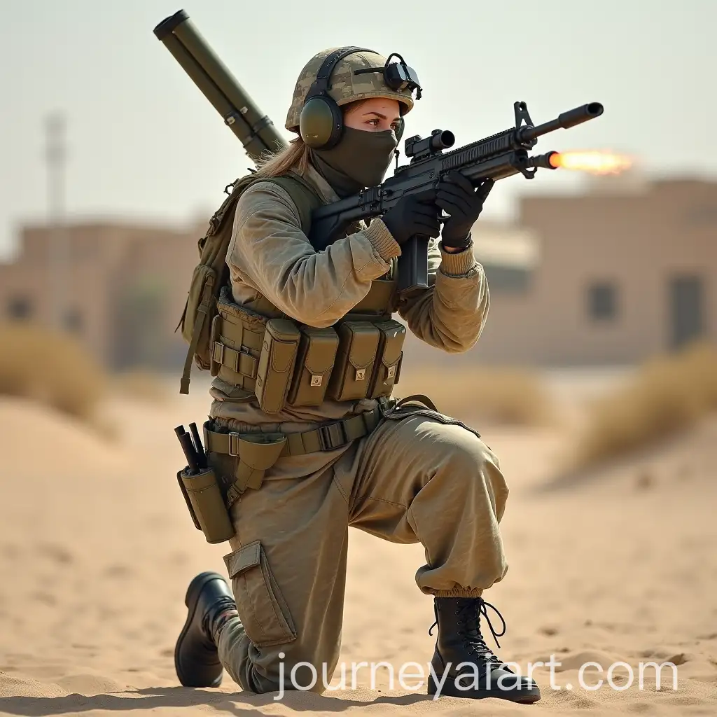 Russian-Female-Military-Officer-Firing-AntiTank-Grenade-Launcher-in-Desert-Village
