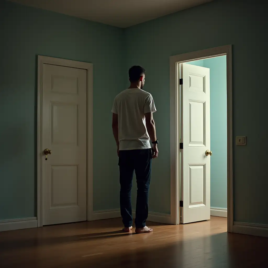 A man in a room with two doors