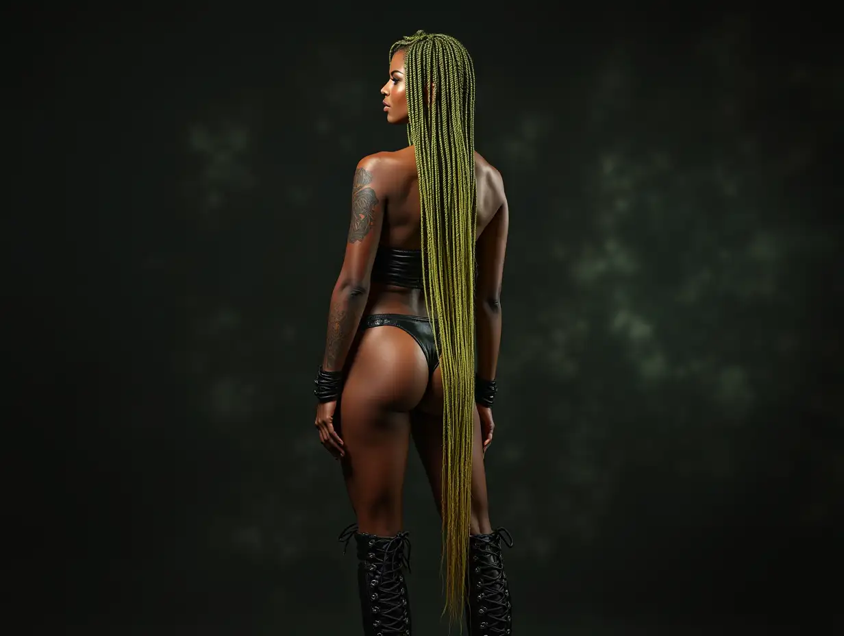 Depiction of a beautiful black woman with -tattoo, long mixed green-yellow braided hair in a futuristic style and laced boots, Blurry black background (120mm) shot poster