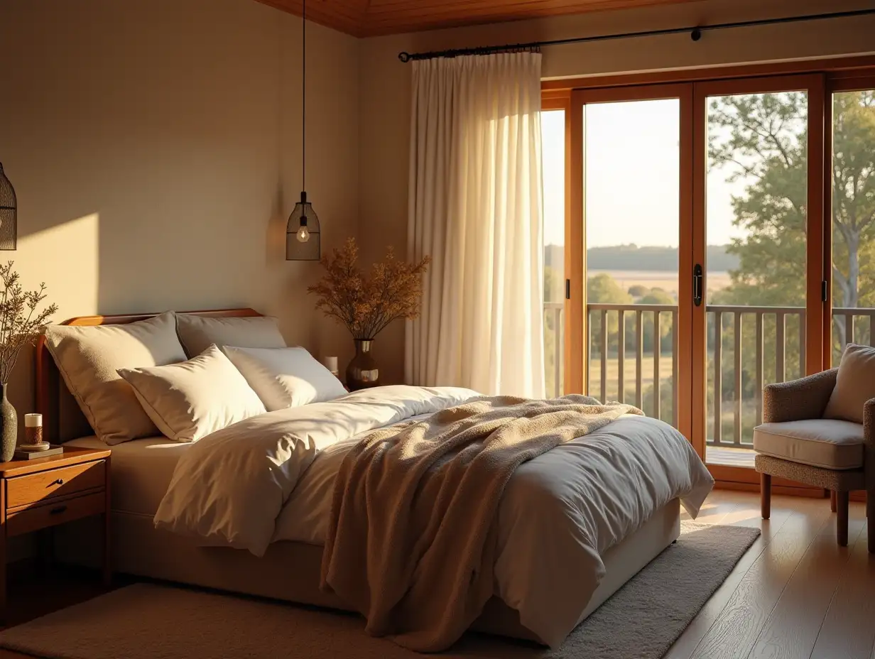 a cozy bedroom with a huge bed in the warmth morning light