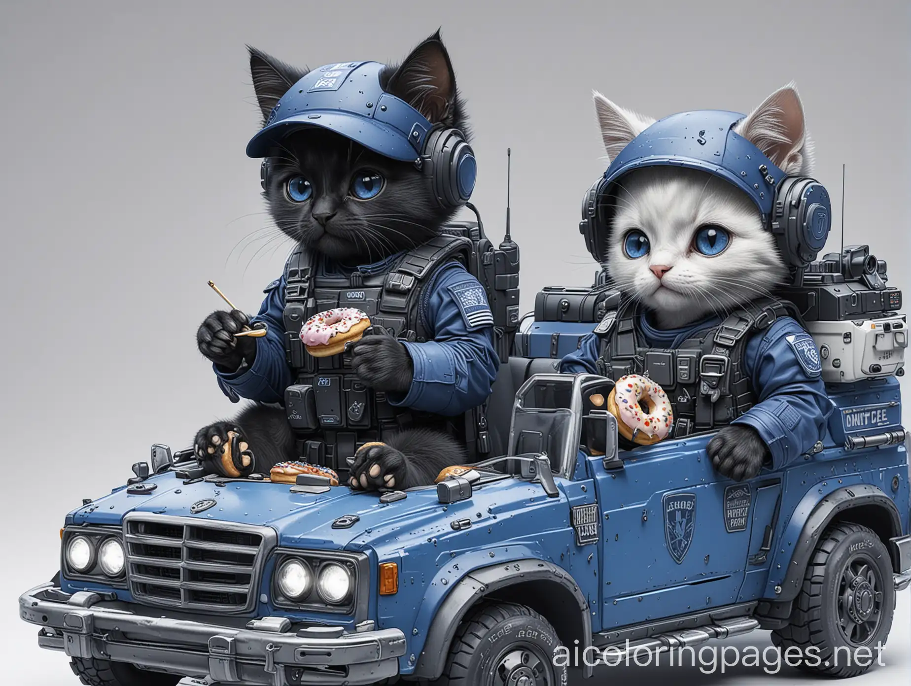 Injured-Black-Kitten-in-Dark-Blue-Mech-Police-Gear-with-Partner-Eating-Donuts-in-Squad-Car