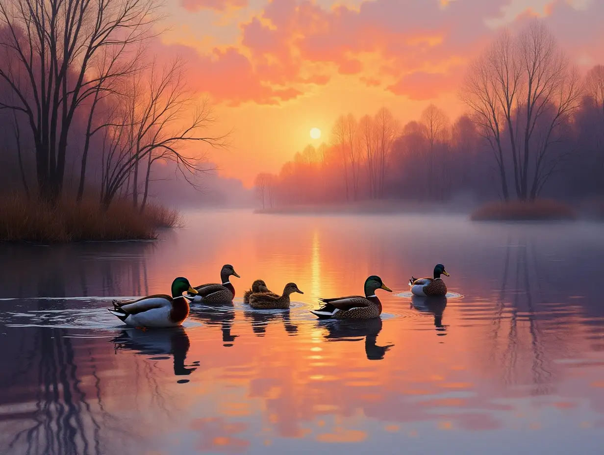 Tranquil Pond Sunset with Mallard Ducks