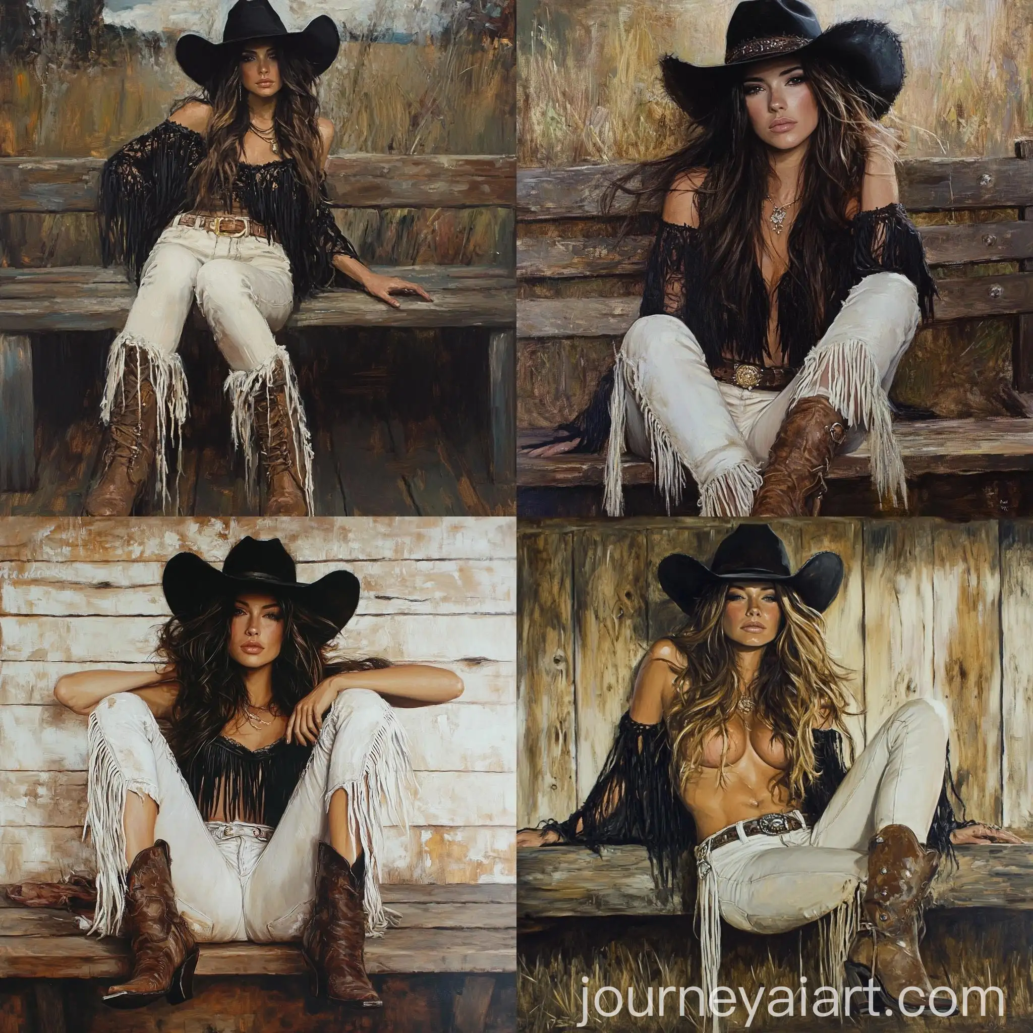Portrait-of-a-Beautiful-Brunette-Woman-in-Cowboy-Hat-and-Riding-Attire-on-Wooden-Bench