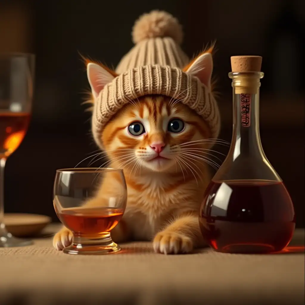 a red cute real kitten in a knitted hat sits at the dinner table, there is an open bottle of cognac on the table, next to the bottle is a glass filled with cognac, the kitten is holding the glass in its paw