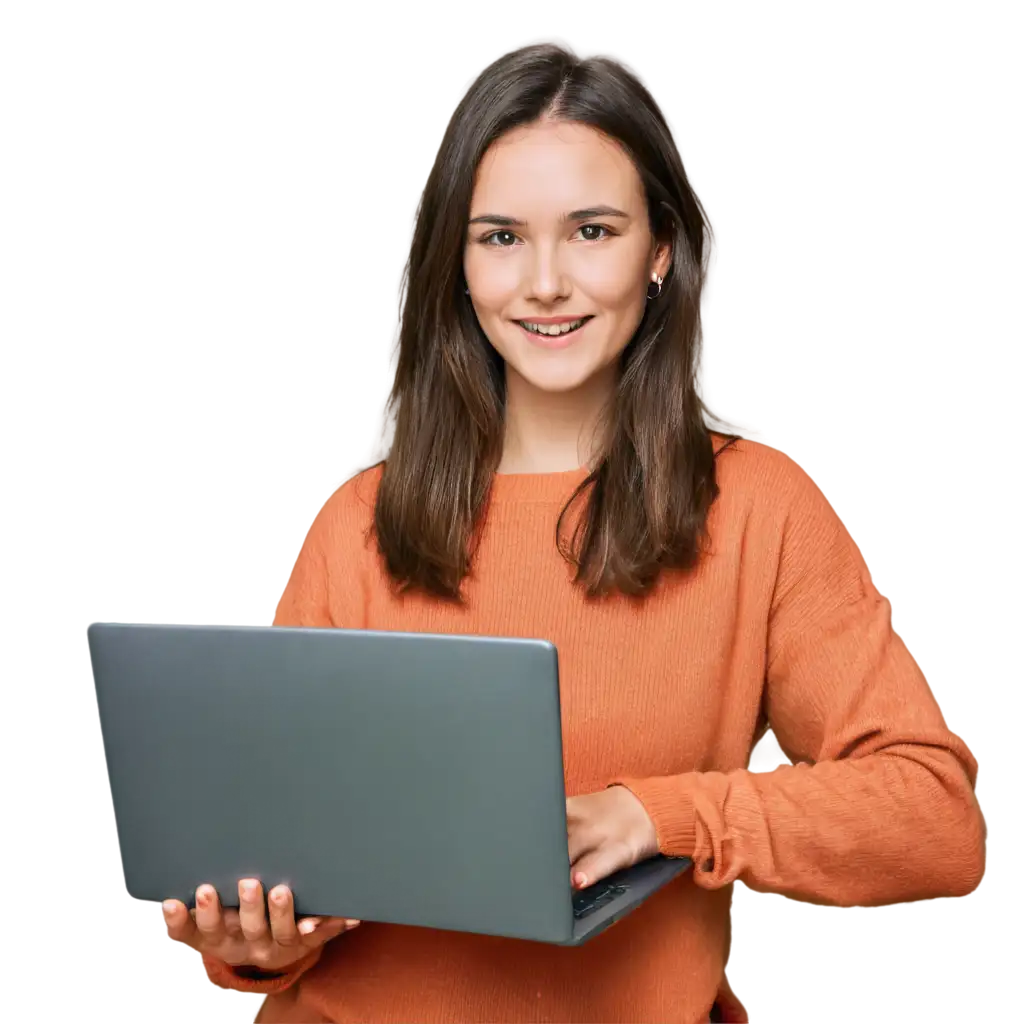 PNG-Image-of-a-30YearOld-Girl-with-Brown-Hair-Orange-Sweater-and-Laptop-Perfect-for-Professional-Use