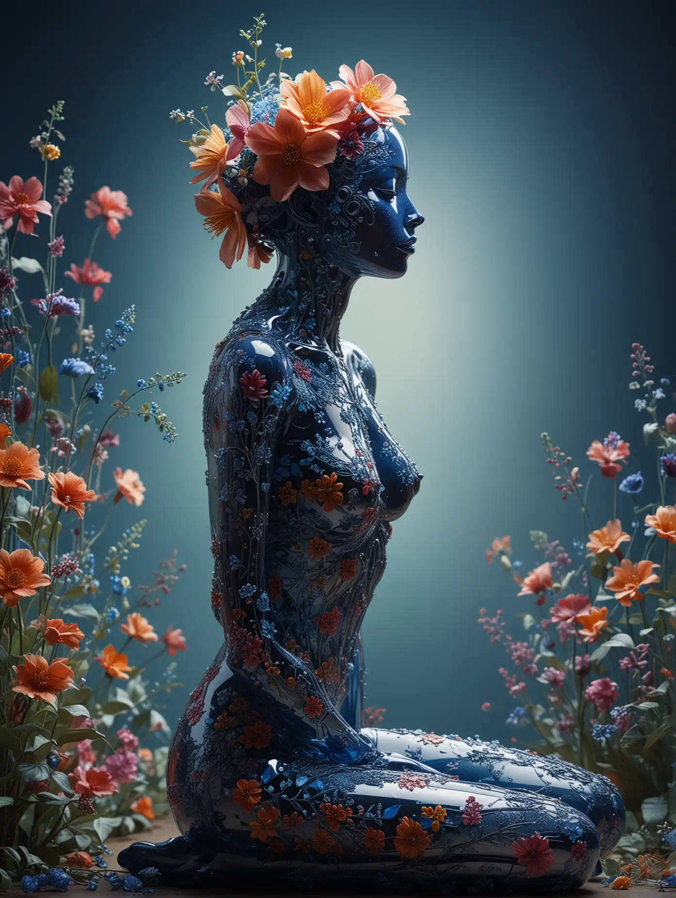 An exquisite and surreal artwork of a transparent human figure, skillfully crafted and adorned with intricate, vibrant floral patterns. The figure is seated in a peaceful and introspective pose, with its head bowed. The background is a mesmerizing deep blue gradient that beautifully contrasts with the multitude of colors from the diverse floral designs. The floral motifs, a harmonious blend of different flowers in their unique hues, seamlessly merge with the transparent form of the figure, creating a captivating and dreamlike scene. analog style, RAW photo, hyper real photo, ultrarealistic uhd faces, 8k uhd, dslr, soft lighting, high quality, film grain, Fujifilm XT3, photographed on a Plaubel Makina W67 Camera, 50mm lens, F/2.8, HDR, hyper-realistic, colorgraded, volumetric lighting, shallow depth of field, reflections, absurdres, fashion shot, colorful lighting, spotlight