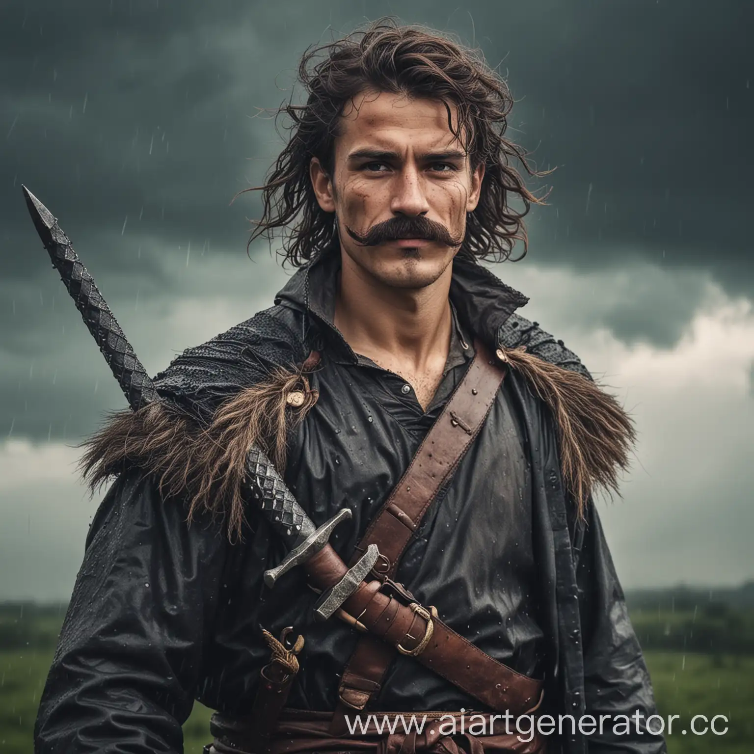 Cheerful-Warrior-with-Sword-Against-Rain-and-Gloomy-Sky