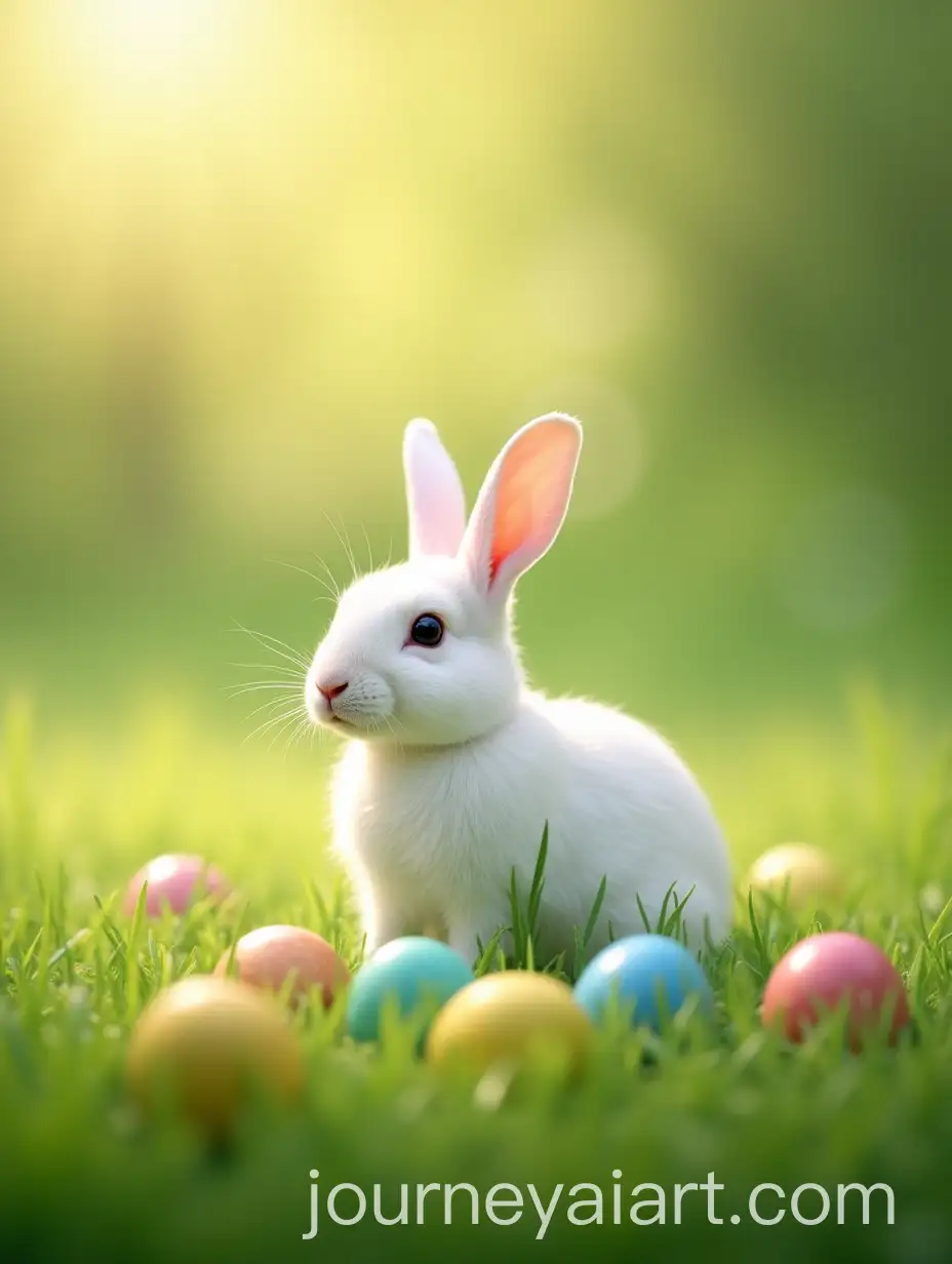 White-Rabbit-Sitting-in-Green-Grass-with-Multicolored-Easter-Eggs-Under-Sunlight