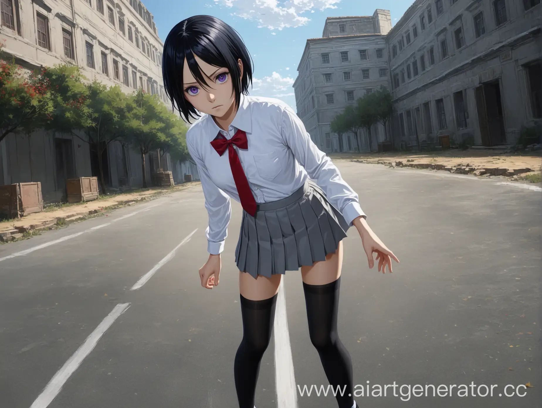 ((best quality)), ((highly detailed)), masterpiece, , (1girl), Perspective distortion, cowboy shot, ((wide shot)), Rukia, black hair, short hair, hair between eyes, purple eyes,  , white collared shirt, red bowtie, grey pleated skirt, socks, shoes, (outside, black thighhighs ,looking viewer