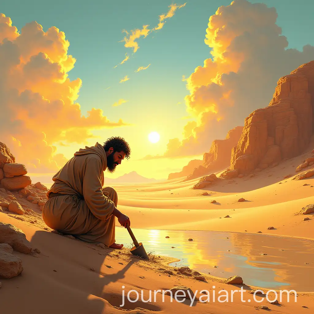 Man-Searching-for-Water-in-Sunlit-Desert-with-Golden-Sands-and-Rocky-Hills