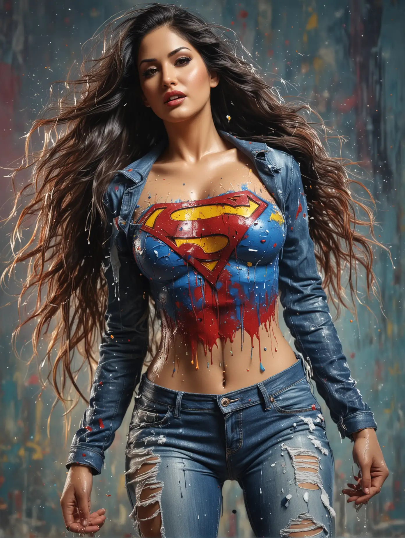 Medium close up captured, surealism style with dripping and splash technique, create an image of a beauty Sunny Leone, wild flowing hair, curvy, awesome cleavage, full body painting with thick of Superman suit pattern, wearing torn jeans pants, squirting of colorful oil paint background, Fantasy Superhero theme, 3D, 12K, hyper-detailed, ultra HD.