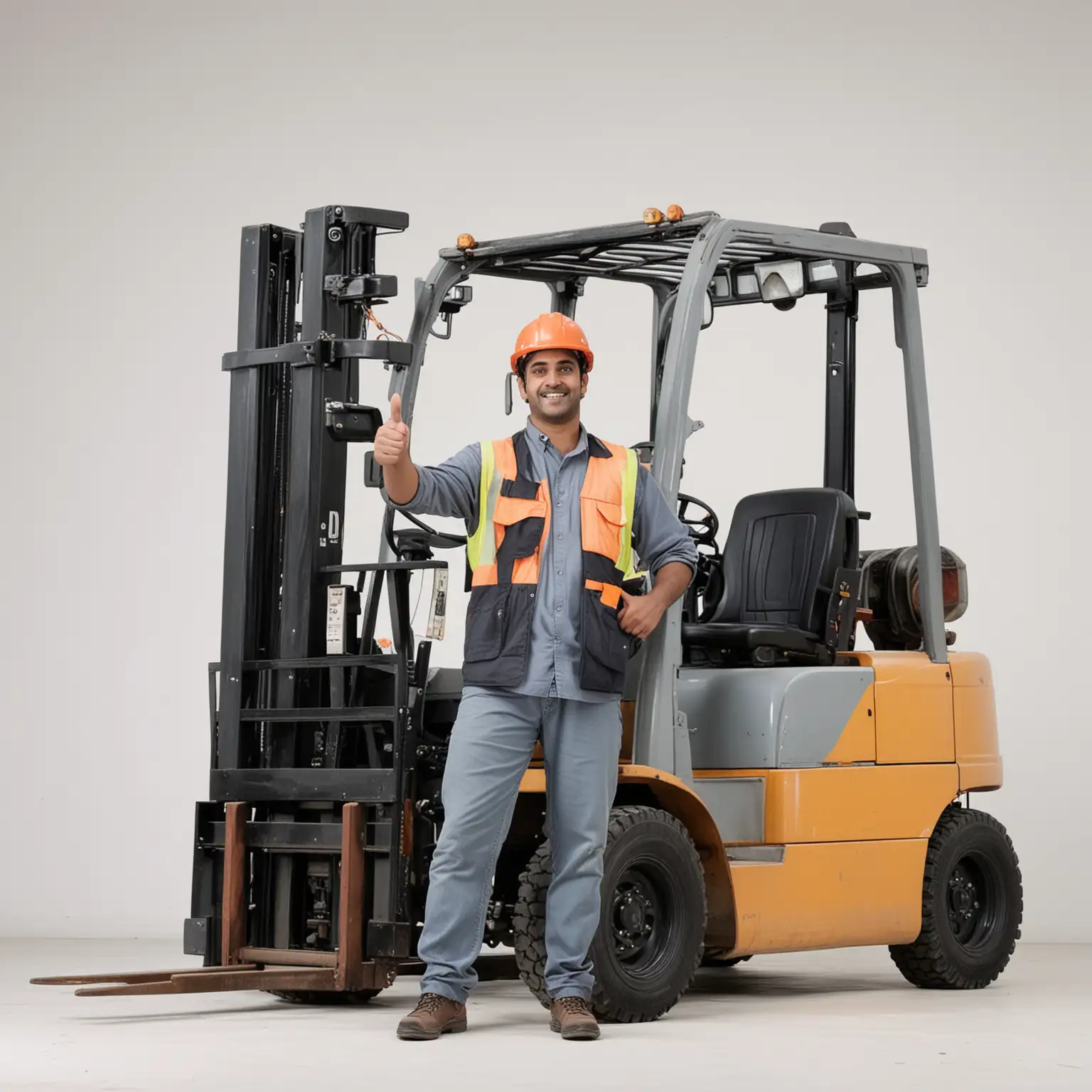 Indian-Mechanic-Giving-ThumbsUp-Next-to-Forklift-on-White-Background