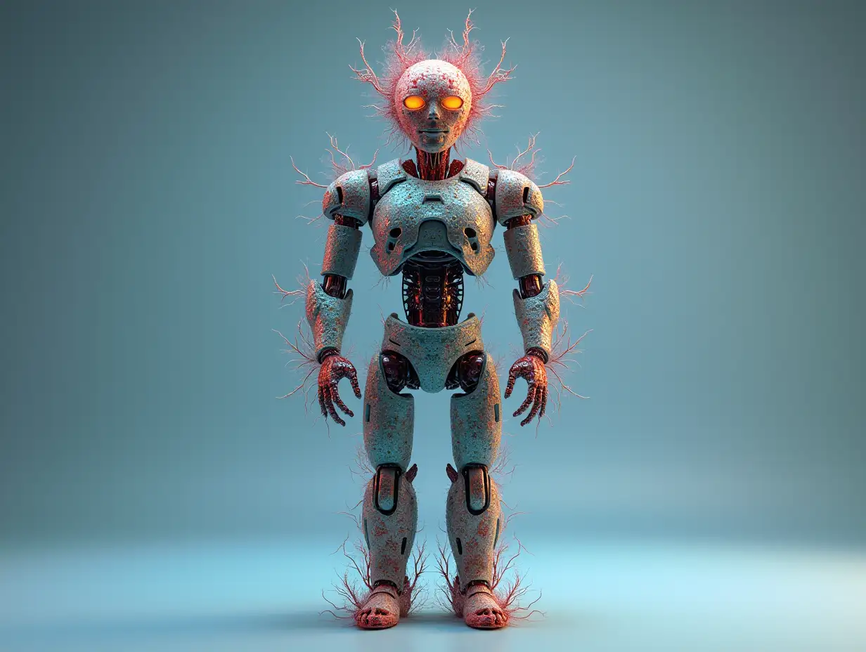 Create a high-resolution, realistic image of an artificial intelligence fractal colored fractal humanoid robot, in a photo studio on a 4-k resolution floor.