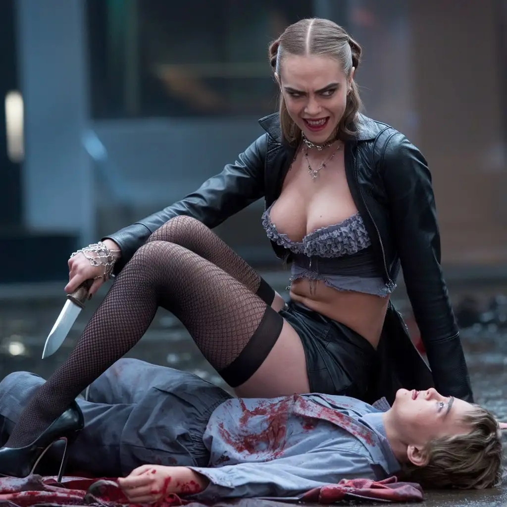 "Basic Instinct" film. Cara Delevingne as the main villain, stockings, contemptuous haughty grimace,  miniskirt, deep neckline, high heels, Sitting on the body of a murdered boy victim, Knife in hand, photo, cinematic, 4k